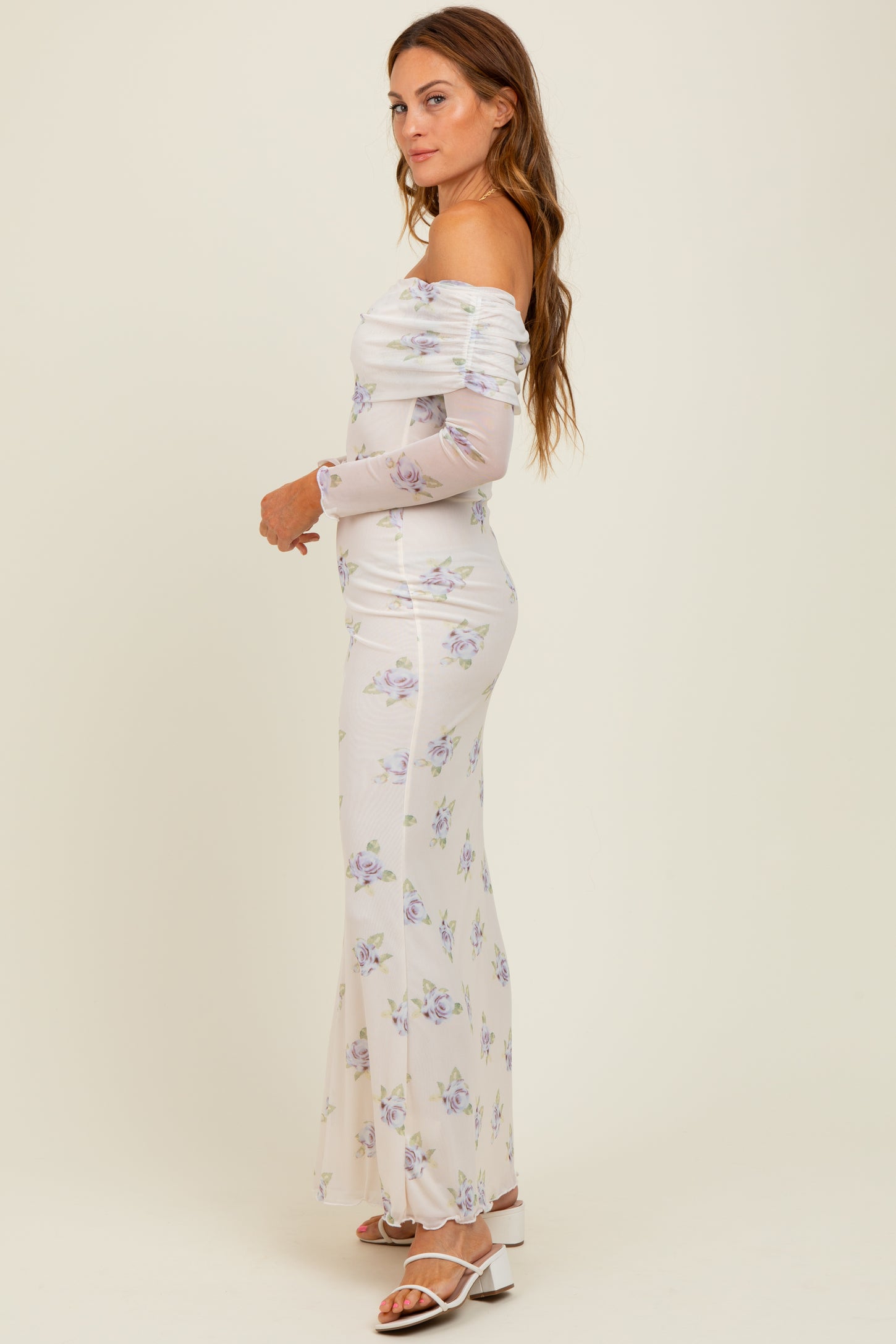 Ivory Floral Mesh Off Shoulder Foldover Maxi Dress