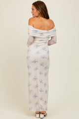 Ivory Floral Mesh Off Shoulder Foldover Maxi Dress