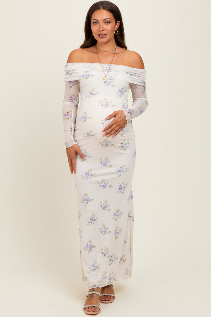 Ivory Floral Mesh Off Shoulder Foldover Maternity Maxi Dress
