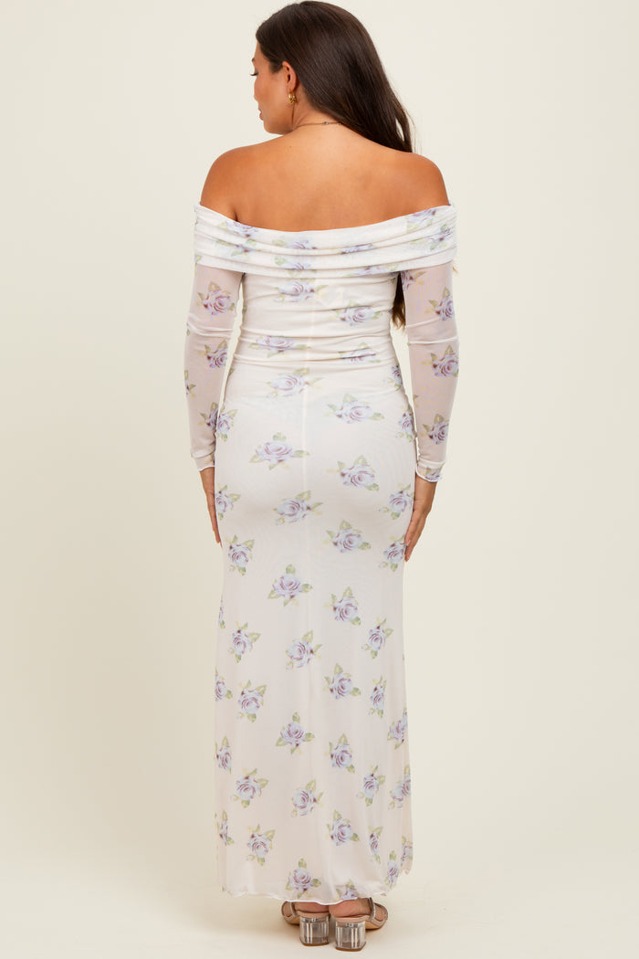Ivory Floral Mesh Off Shoulder Foldover Maternity Maxi Dress