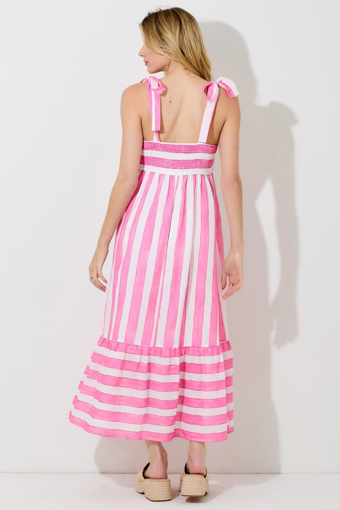 Pink Wide Stripe Shoulder Tie Midi Dress
