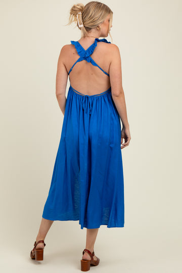 Blue Ruffle Strap Cutout Tie Back Maternity Midi Dress