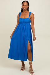 Blue Ruffle Strap Cutout Tie Back Midi Dress