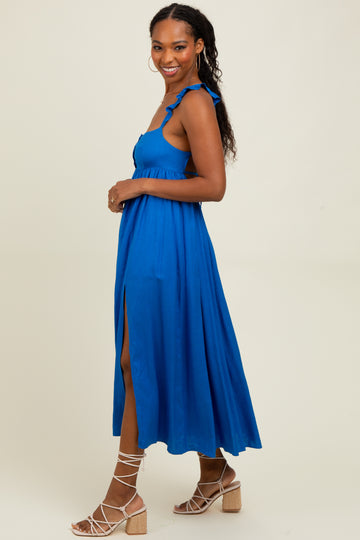 Blue Ruffle Strap Cutout Tie Back Midi Dress