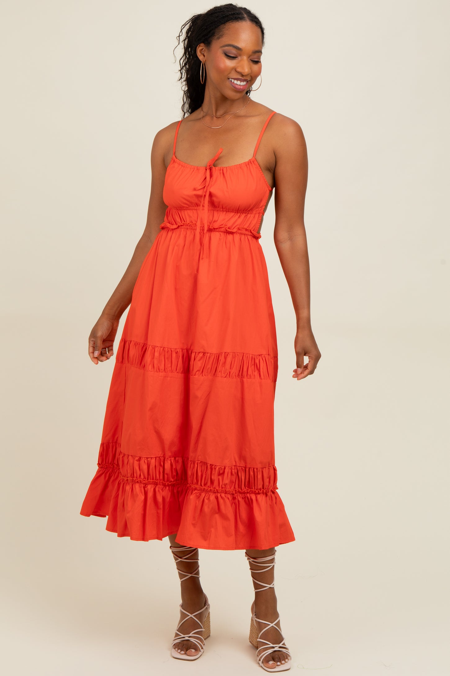 Coral Ruffle Accent Backless Tie Detail Maternity Midi Dress
