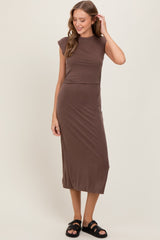 Brown Sleeveless Side Ruched Maternity Midi Dress