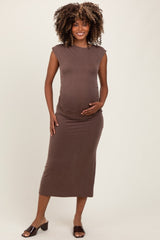 Brown Sleeveless Side Ruched Maternity Midi Dress