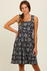 Black Floral Square Neck Ruffle Strap Tiered Dress