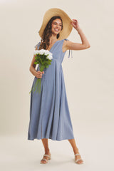 Blue Button-Down Polka Dot Shirred Bow Midi Dress