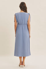 Blue Button-Down Polka Dot Shirred Bow Midi Dress