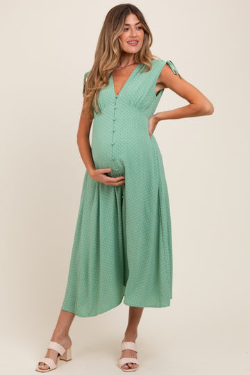 Green Button-Down Polka Dot Shirred Bow Maternity Midi Dress