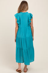 Aqua Ruffle Sleeve Tiered Maternity Midi Dress