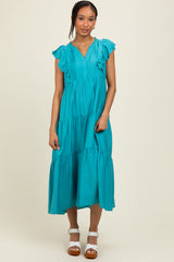 Aqua Ruffle Sleeve Tiered Midi Dress