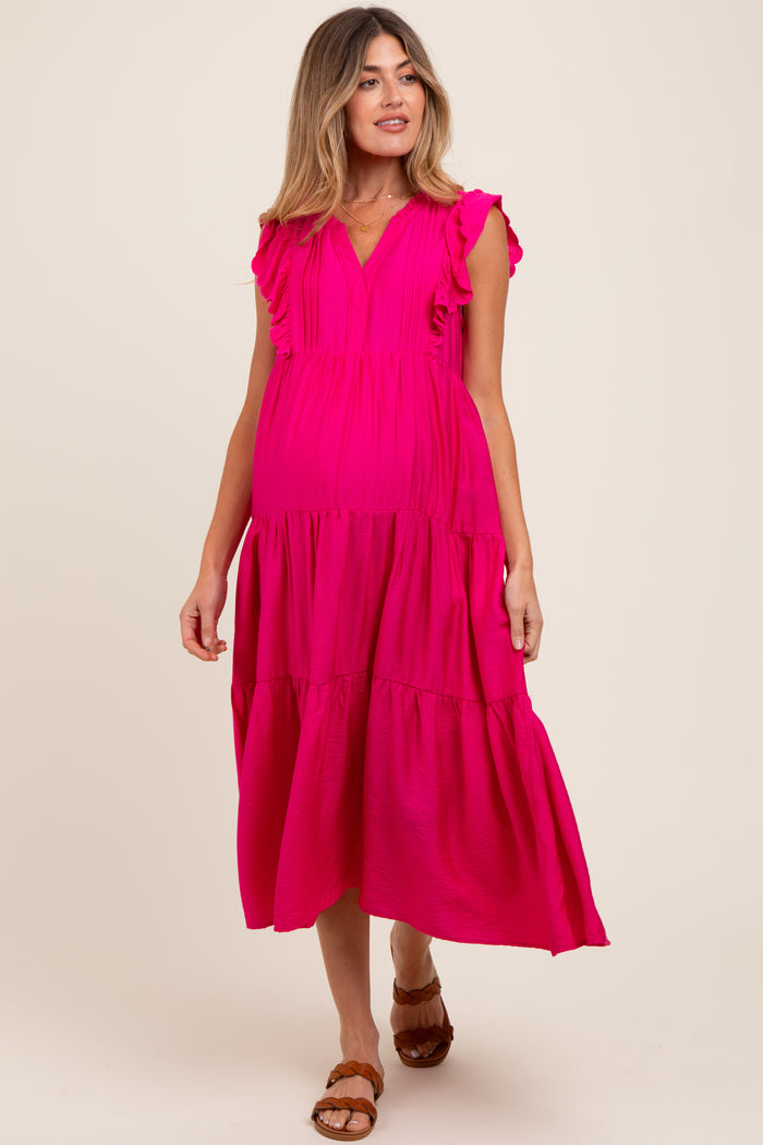 Fuchsia Ruffle Sleeve Tiered Maternity Midi Dress