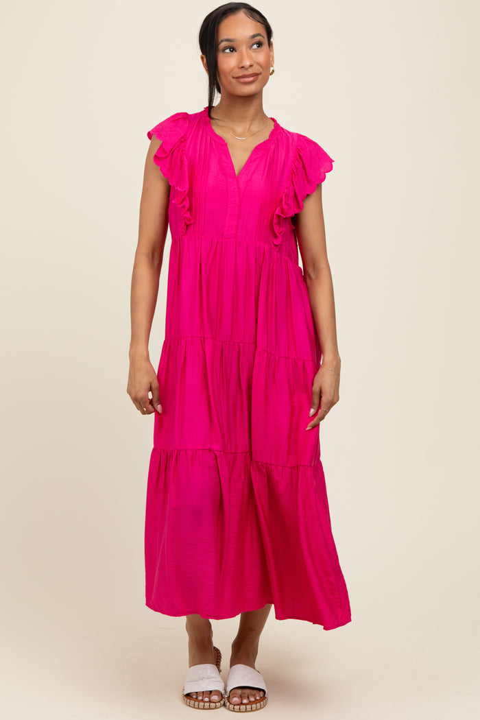 Fuchsia Ruffle Sleeve Tiered Midi Dress