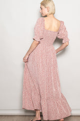 Mauve Floral Lace Trim Smocked Maxi Dress