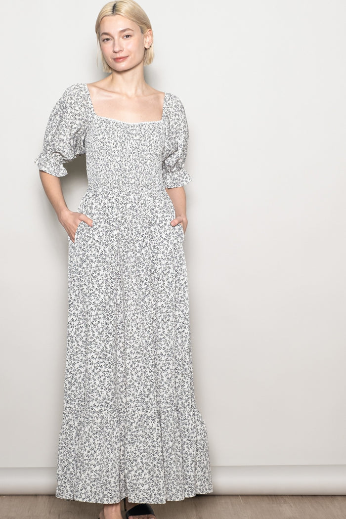 Ivory Floral Lace Trim Smocked Maternity Maxi Dress