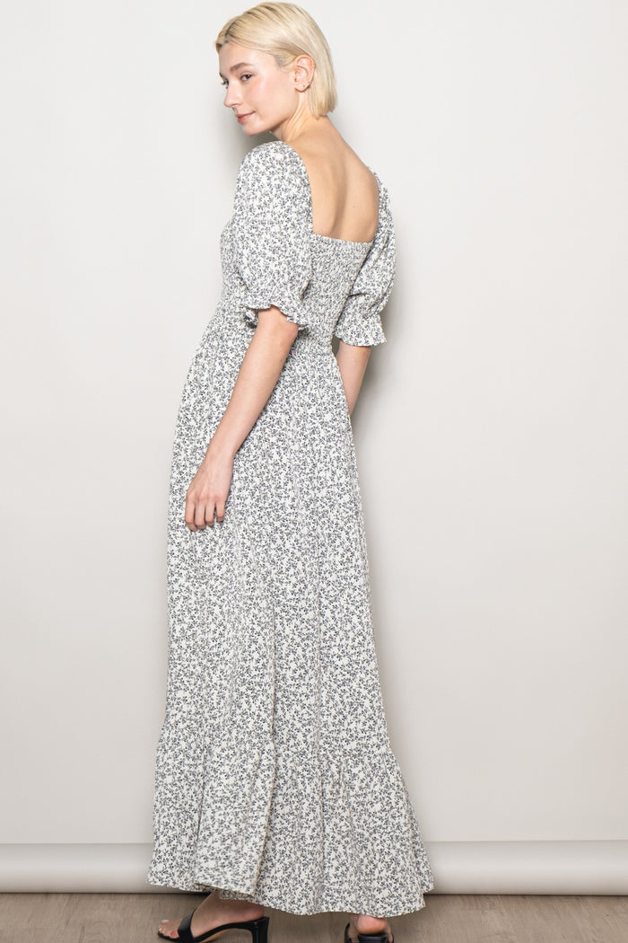 Ivory Floral Lace Trim Smocked Maxi Dress