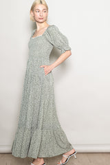 Light Olive Floral Lace Trim Smocked Maxi Dress