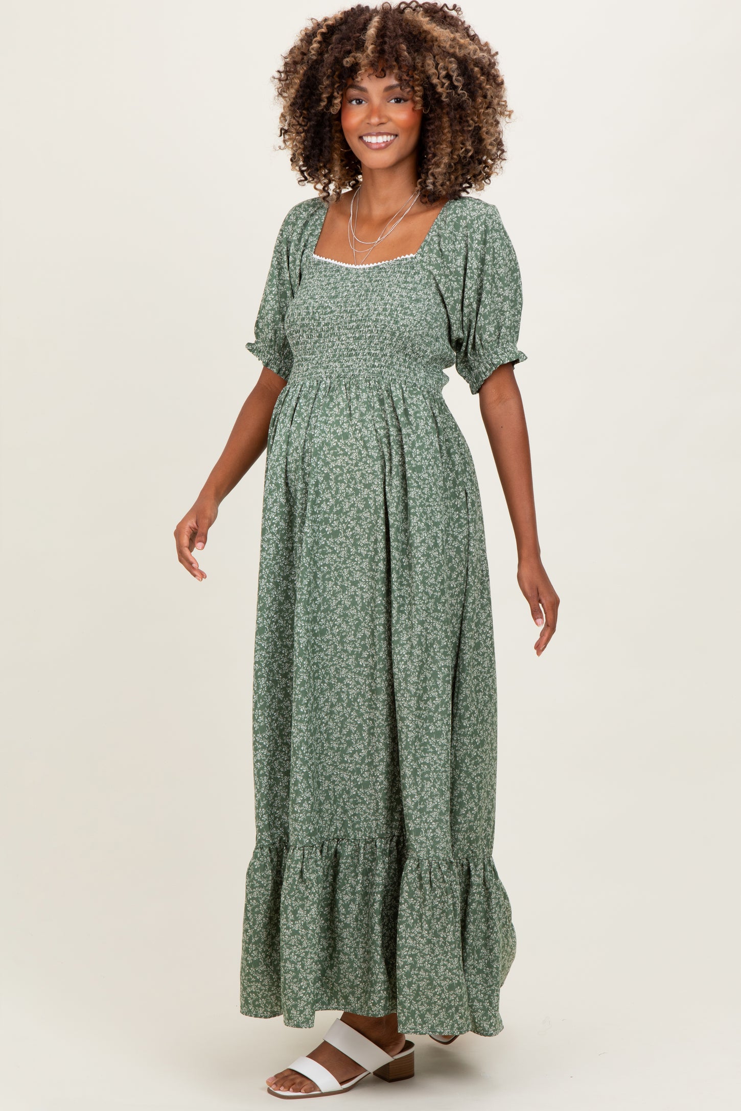 Light Olive Floral Lace Trim Smocked Maternity Maxi Dress