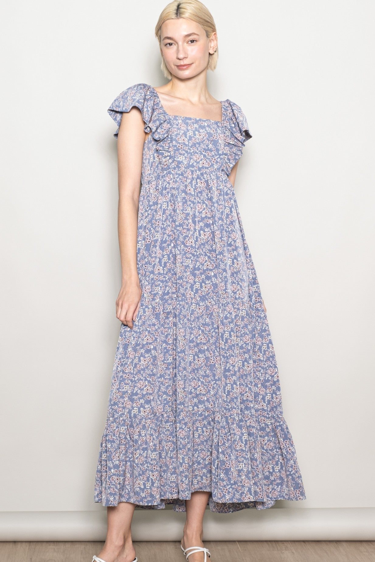 Blue Floral Ruffle Sleeve Maxi Dress