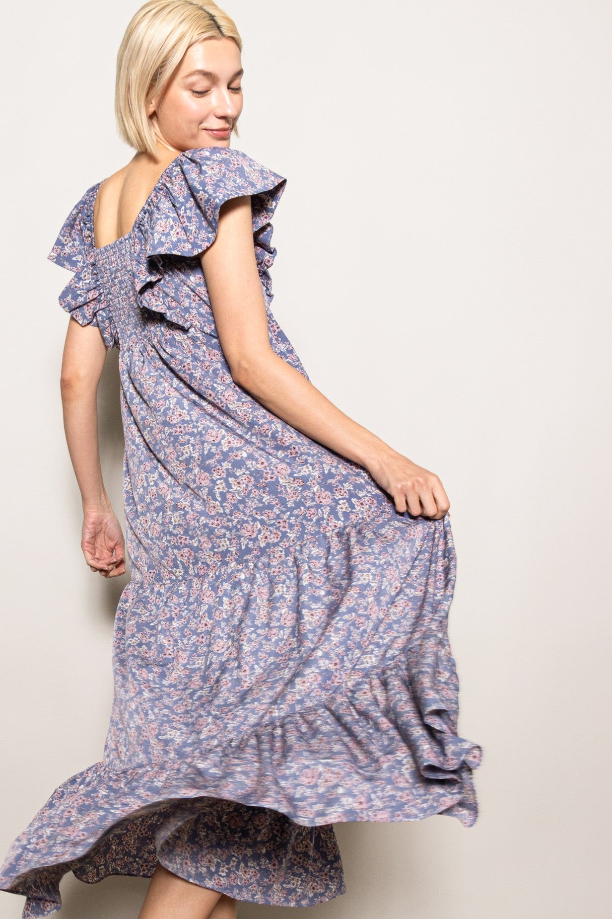 Blue Floral Ruffle Sleeve Maxi Dress