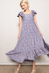 Blue Floral Ruffle Sleeve Maxi Dress