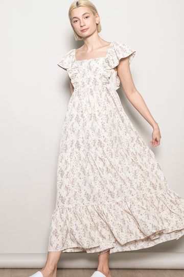 Ivory Floral Ruffle Sleeve Maxi Dress