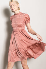 Mauve Satin Smocked Mock Neck Dress