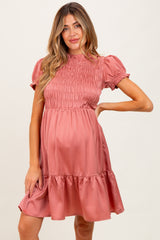 Mauve Satin Smocked Mock Neck Maternity Dress