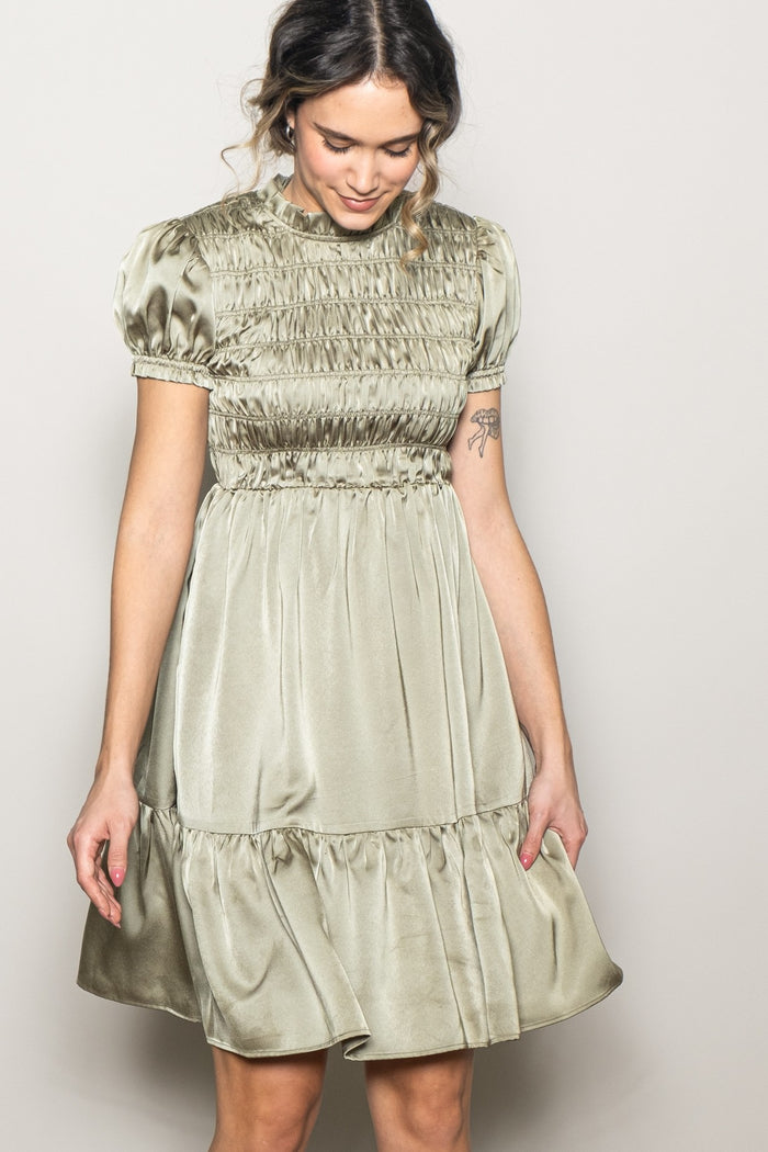 Light Olive Satin Smocked Mock Neck Maternity Dress