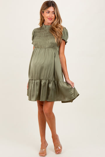 Light Olive Satin Smocked Mock Neck Maternity Dress