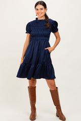 Navy Satin Smocked Mock Neck Dress