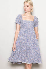 Blue Floral Pleated Bodice Puff Sleeve Maternity Dress