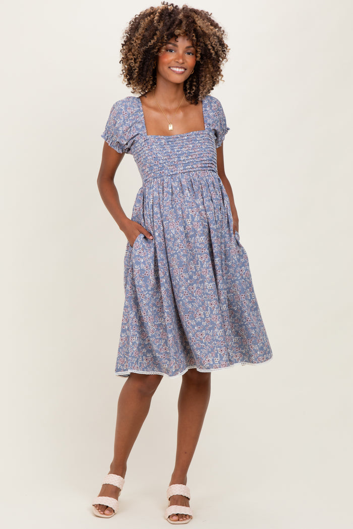 Blue Floral Pleated Bodice Puff Sleeve Maternity Dress