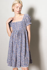 Blue Floral Pleated Bodice Puff Sleeve Dress