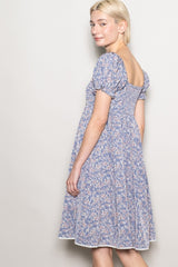 Blue Floral Pleated Bodice Puff Sleeve Dress