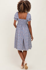 Blue Floral Pleated Bodice Puff Sleeve Maternity Dress