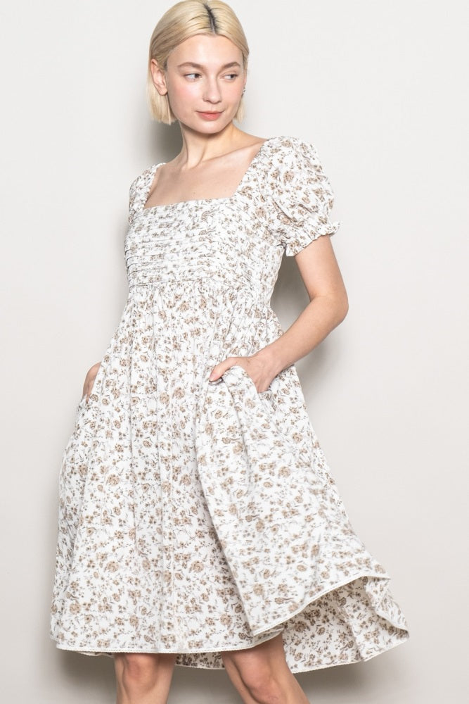 Ivory Floral Pleated Bodice Puff Sleeve Dress