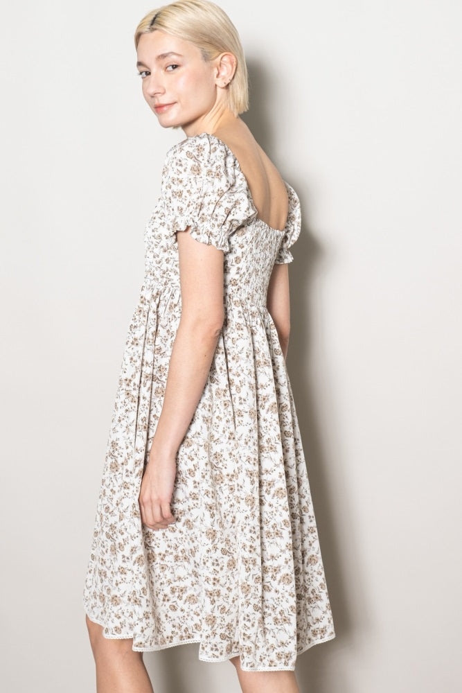 Ivory Floral Pleated Bodice Puff Sleeve Dress