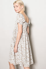 Ivory Floral Pleated Bodice Puff Sleeve Dress