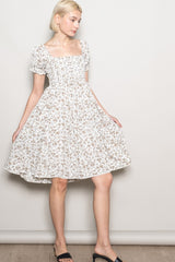 Ivory Floral Pleated Bodice Puff Sleeve Dress
