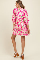 Fuchsia Abstract Floral Front Tie 3/4 Sleeve Maternity Dress