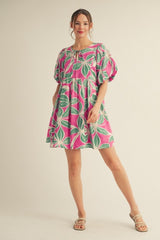 Fuchsia Floral Front Tie Puff Sleeve Dress