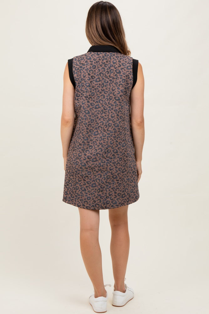 Brown Animal Print Front Zip Sleeveless Maternity Dress