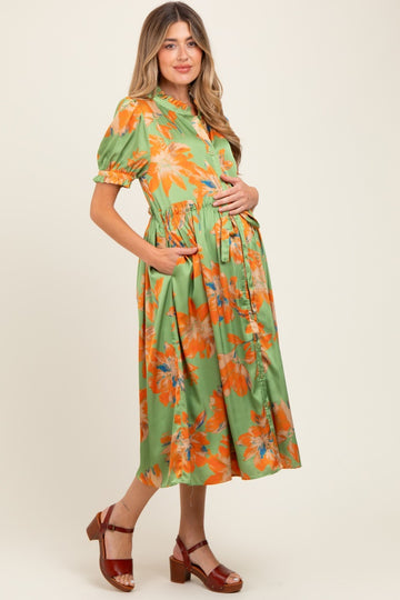 Light Olive Floral Satin Button Down Maternity Midi Dress