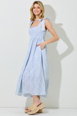Blue Floral Smocked Shoulder Tie Midi Dress