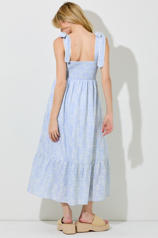 Blue Floral Smocked Shoulder Tie Midi Dress