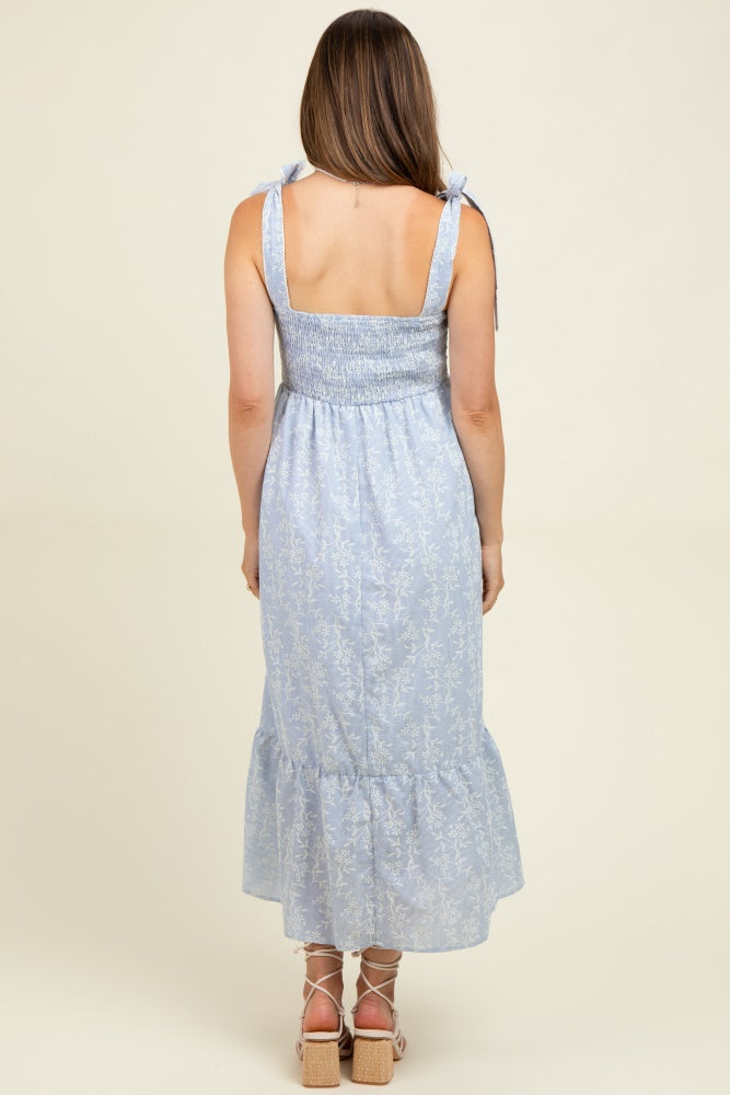 Blue Floral Smocked Shoulder Tie Maternity Midi Dress