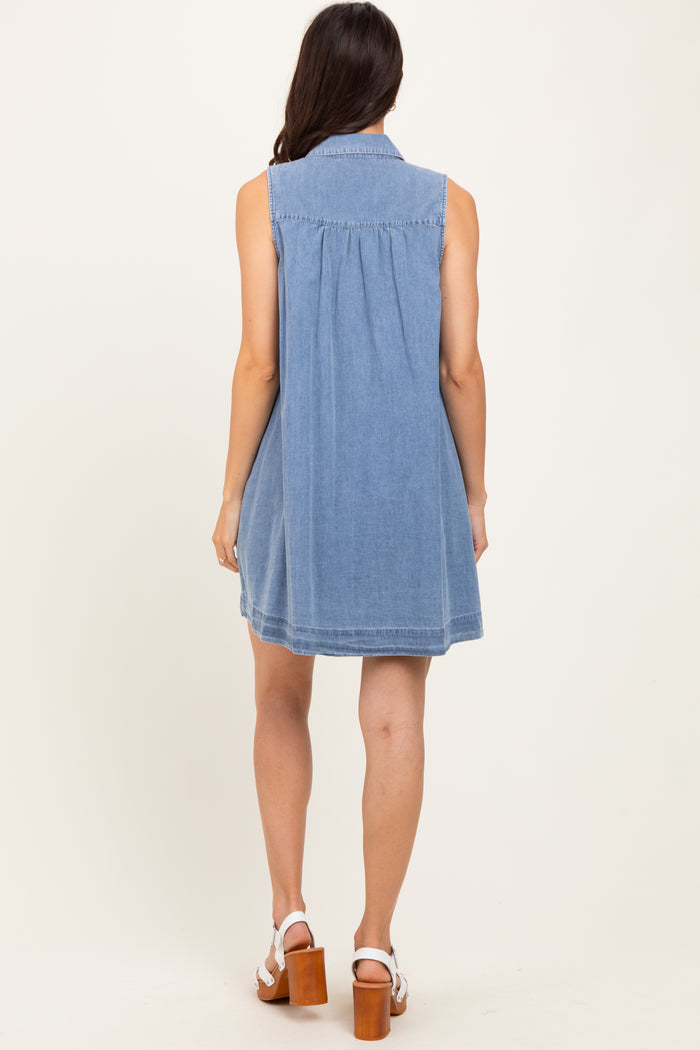 Blue Chambray Pleat Detail Sleeveless Shirt Dress